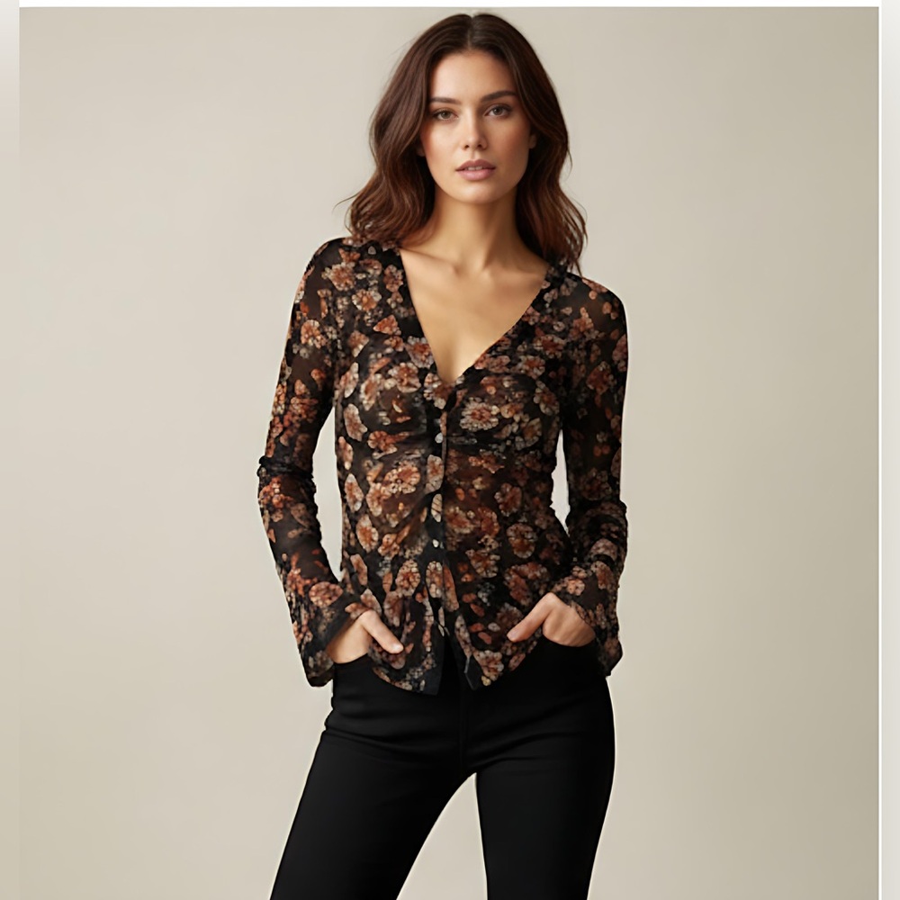 Boho Floral Print Blouse Brown - Picture 2 of 7